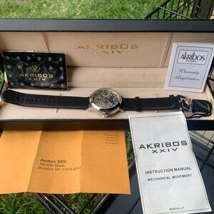 WATCH - NIB Akribos XXIV Watch Mens, Leather, AK451SS, Analog, SKELETON, DUAL